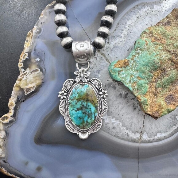 Sterling Silver Southwestern Style Oval Turquoise Decorated Pendant For Women - Picture 2 of 10